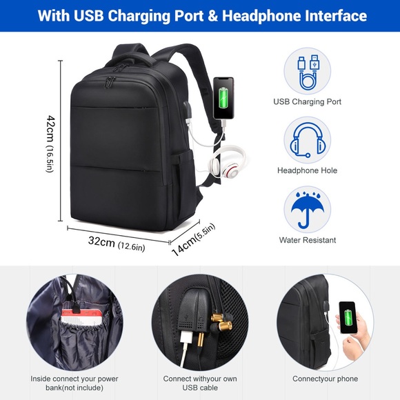 NWT 17”Waterproof Laptop Bag Extra Large Travel Backpack With USB Charging Port - Picture 4 of 7